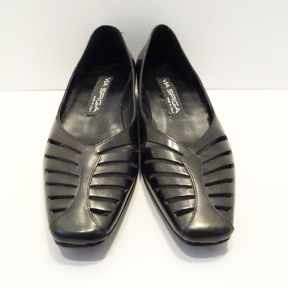 Via Spiga Black Leather Slotted Slip-On Flats